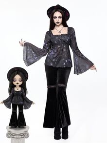 ROMWE Goth 女款哥德風星座印花抓皺蝙蝠袖方領上衣，萬聖夜黑紫色 - 紫色 - 查看 7