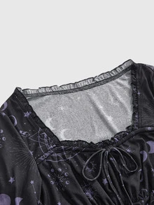 ROMWE Goth 女款哥德風星座印花抓皺蝙蝠袖方領上衣，萬聖夜黑紫色 - 紫色 - 查看 11