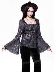 ROMWE Goth 女款哥德風星座印花抓皺蝙蝠袖方領上衣，萬聖夜黑紫色 - 紫色 - 查看 6