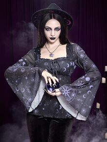 ROMWE Goth 女款哥德風星座印花抓皺蝙蝠袖方領上衣，萬聖夜黑紫色 - 紫色 - 查看 1