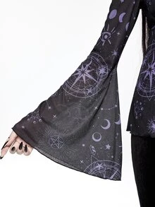 ROMWE Goth 女款哥德風星座印花抓皺蝙蝠袖方領上衣，萬聖夜黑紫色 - 紫色 - 查看 3