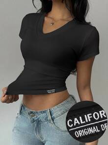 SHEIN EZwear Black Knit Bodycon T-Shirt For Women - Black - View 7