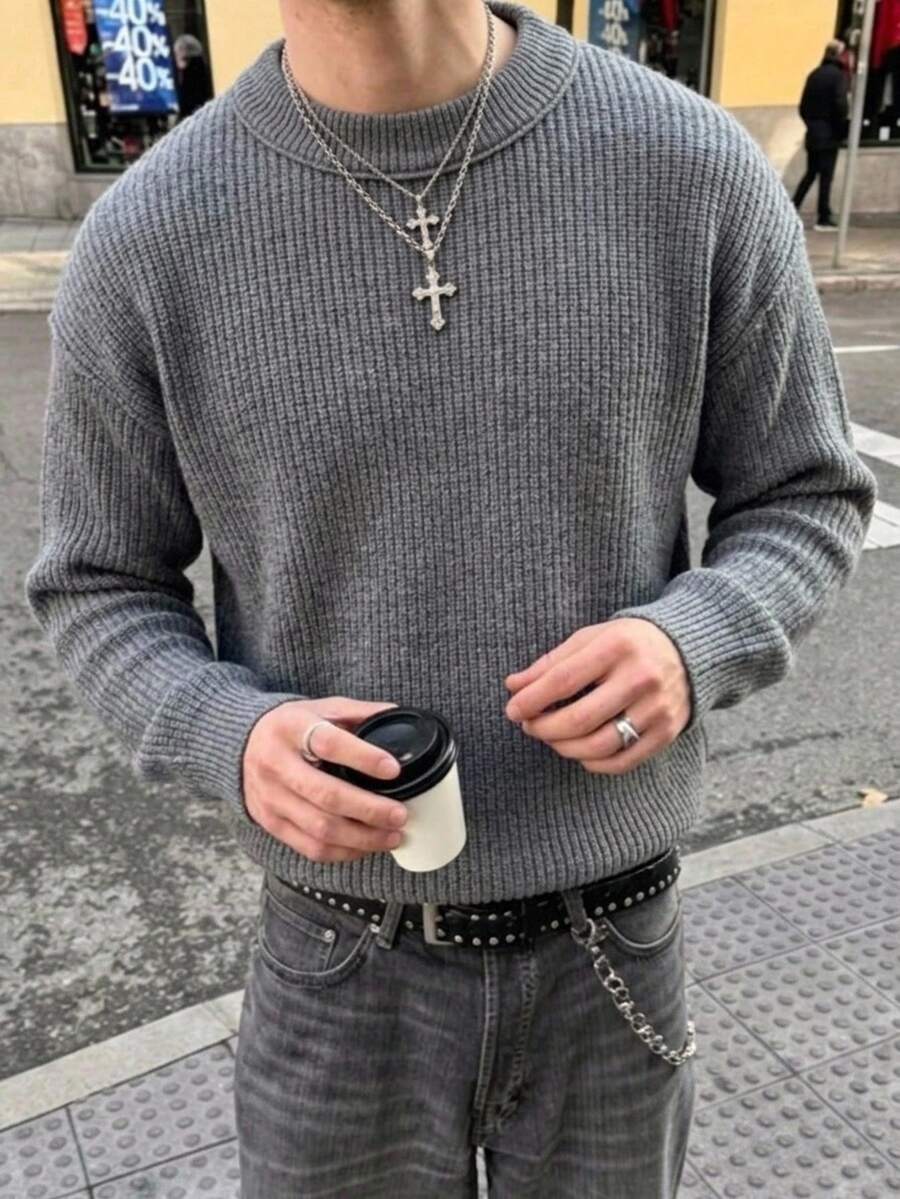 Claim Dot Men's Fashion Versatile Long Sleeve Sweater For Vacation And Travel - Dark Grey - View 1