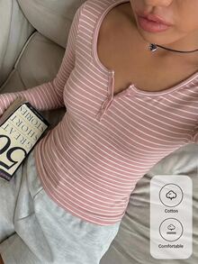 CovetEZ Women's Red And White Stripe Casual Long Sleeve T-Shirt Cotton For Daily Wear Everyday Home Autumn - Pink - View 1
