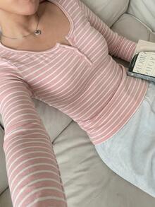 CovetEZ Women's Red And White Stripe Casual Long Sleeve T-Shirt Cotton For Daily Wear Everyday Home Autumn - Pink - View 5