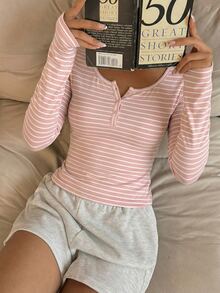 CovetEZ Women's Red And White Stripe Casual Long Sleeve T-Shirt Cotton For Daily Wear Everyday Home Autumn - Pink - View 6