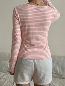 CovetEZ Women's Red And White Stripe Casual Long Sleeve T-Shirt Cotton For Daily Wear Everyday Home Autumn - Pink - View 2