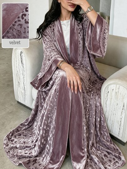Yasmyna Women's Pink Knitted Velvet Patchwork Leopard Print Velvet Flare Long Sleeve Cuff Lace Trim Romantic Elegant Abaya