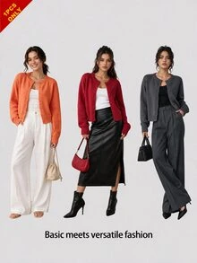SHEIN BASICS 休閒純色圓領長袖寬鬆短版女款針織開襟外套，秋季辦公室早午餐校園商務穿搭，橘紅色感恩節款 - 橘色 - 查看 8