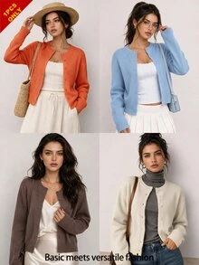 SHEIN BASICS 休閒純色圓領長袖寬鬆短版女款針織開襟外套，秋季辦公室早午餐校園商務穿搭，橘紅色感恩節款 - 橘色 - 查看 7