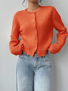 SHEIN BASICS 休閒純色圓領長袖寬鬆短版女款針織開襟外套，秋季辦公室早午餐校園商務穿搭，橘紅色感恩節款 - 橘色 - 查看 2