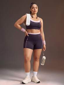 Powerista Women's Plus Size Deep Purple + Pink Dual Shoulder Strap Patchwork Shorts Sports Set - Purple - View 4