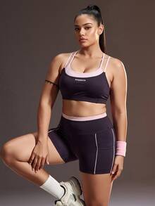 Powerista Women's Plus Size Deep Purple + Pink Dual Shoulder Strap Patchwork Shorts Sports Set - Purple - View 2