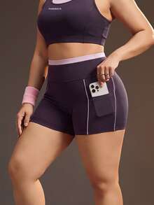 Powerista Women's Plus Size Deep Purple + Pink Dual Shoulder Strap Patchwork Shorts Sports Set - Purple - View 7