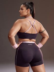 Powerista Women's Plus Size Deep Purple + Pink Dual Shoulder Strap Patchwork Shorts Sports Set - Purple - View 5