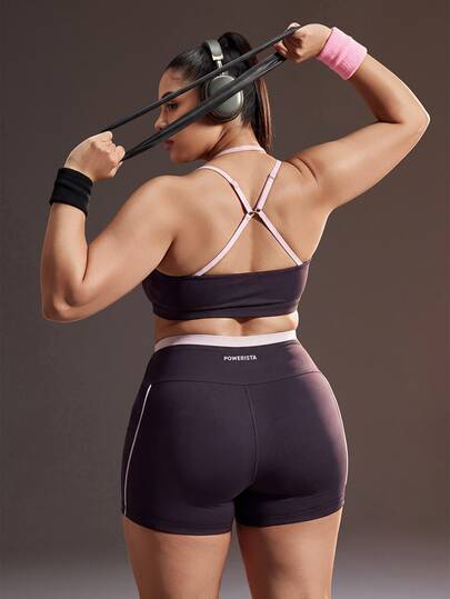 Powerista Women's Plus Size Deep Purple + Pink Dual Shoulder Strap Patchwork Shorts Sports Set