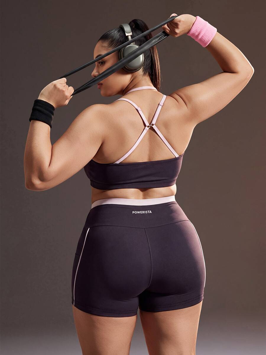 Powerista Women's Plus Size Deep Purple + Pink Dual Shoulder Strap Patchwork Shorts Sports Set - Purple - View 1