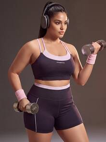 Powerista Women's Plus Size Deep Purple + Pink Dual Shoulder Strap Patchwork Shorts Sports Set - Purple - View 8