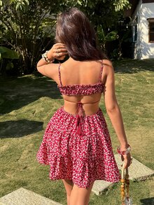 KARISMINA 女士碎花前系带吊带背心迷你连衣裙 - 紅色 - 查看 3
