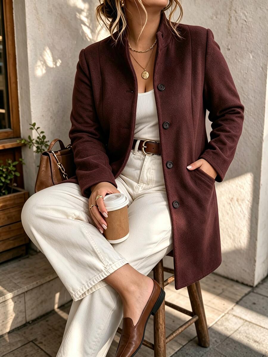 Weeklong 2026 New Plus Size Mid-Length Pocket Overcoat, Casual Daily Streetwear And Afternoon Tea Overcoat Winter - Coffee Brown - View 1