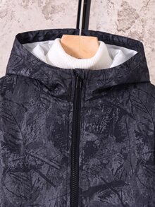 SHEIN 兒童男童休閒字母圖案印花連帽外套，輕量寬鬆拉鍊連帽夾克，開學季秋冬校園穿搭黑色款 - 彩色 - 查看 5