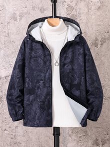 SHEIN 兒童男童休閒字母圖案印花連帽外套，輕量寬鬆拉鍊連帽夾克，開學季秋冬校園穿搭黑色款 - 彩色 - 查看 7