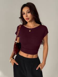 SHEIN PETITE 女款街頭風純色露背短版T恤，夏季上衣，適合嬌小女性 - 酒紅色 - 查看 2