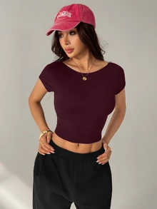 SHEIN PETITE 女款街頭風純色露背短版T恤，夏季上衣，適合嬌小女性 - 酒紅色 - 查看 4