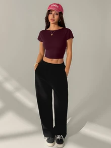 SHEIN PETITE 女款街頭風純色露背短版T恤，夏季上衣，適合嬌小女性 - 酒紅色 - 查看 8