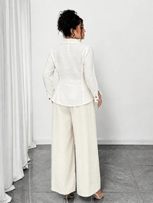 SHEIN Elenzya Plus Size Women's Single-Breasted Long Sleeve Patchwork Waist-Cinching Blouse And Solid Color Pants 2 Pieces Set - White - View 2
