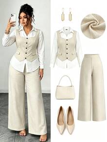 SHEIN Elenzya Plus Size Women's Single-Breasted Long Sleeve Patchwork Waist-Cinching Blouse And Solid Color Pants 2 Pieces Set - White - View 1