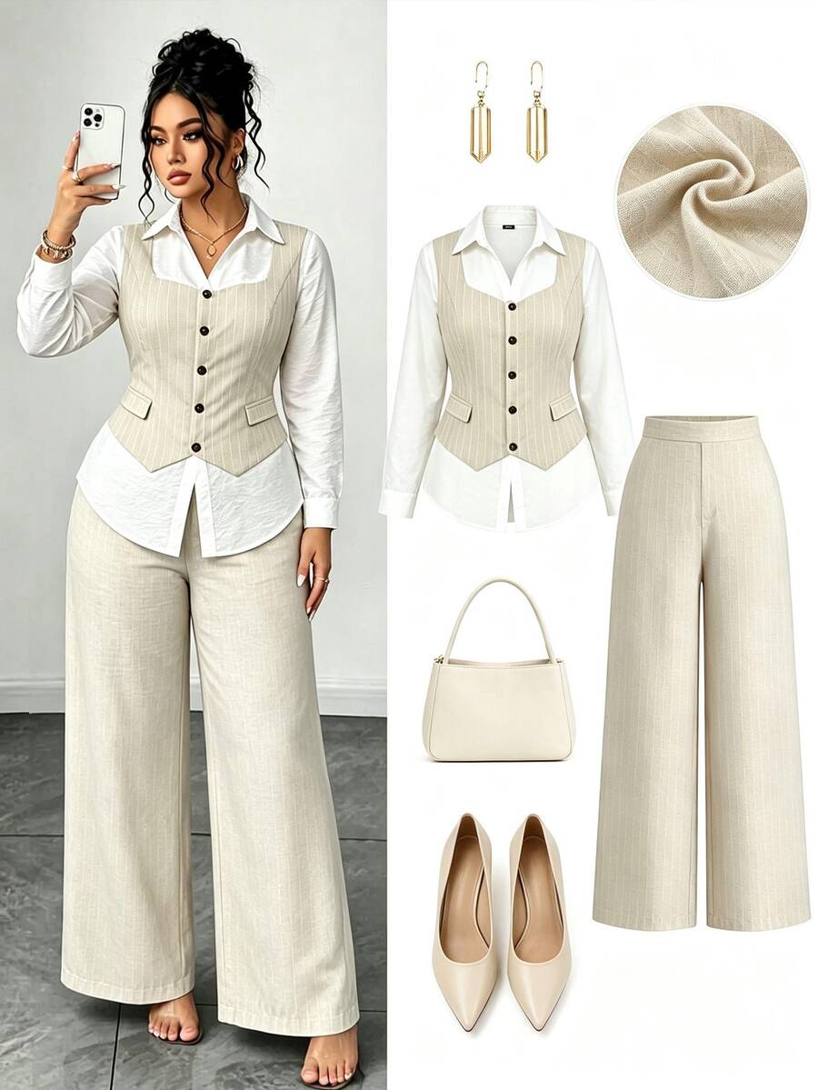 SHEIN Elenzya Plus Size Women's Single-Breasted Long Sleeve Patchwork Waist-Cinching Blouse And Solid Color Pants 2 Pieces Set - White - View 1