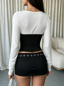 INAWLY Atasan Korset Lengan Panjang Berkerut Leher V Dua Warna, Blus Crop Pas Badan dengan Kancing Depan Blok Warna - MultiWarna - View 2