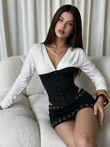 INAWLY Atasan Korset Lengan Panjang Berkerut Leher V Dua Warna, Blus Crop Pas Badan dengan Kancing Depan Blok Warna - MultiWarna - View 4