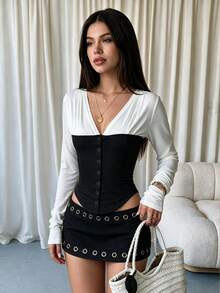 INAWLY Atasan Korset Lengan Panjang Berkerut Leher V Dua Warna, Blus Crop Pas Badan dengan Kancing Depan Blok Warna - MultiWarna - View 8