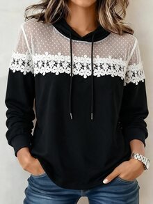 SHEIN LUNE CURVE 大尺碼女款春夏/秋冬休閒極簡百搭網紗蕾絲黑白拼接連帽衛衣 - 黑與白 - 查看 8