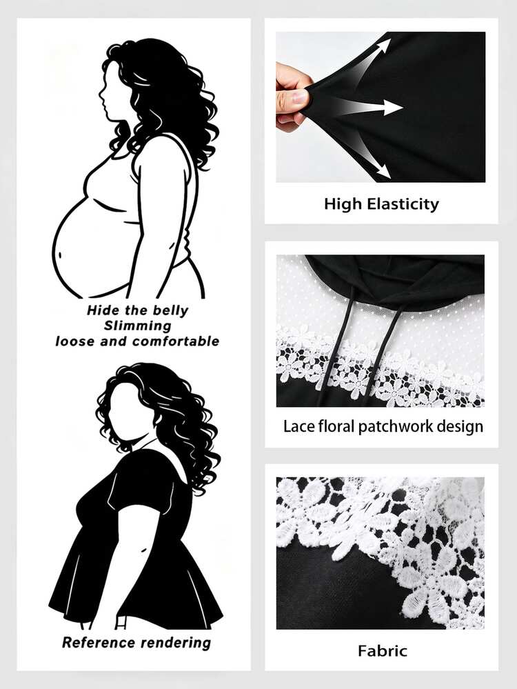SHEIN LUNE CURVE Plus Size Women's Spring/Autumn Casual Minimalist Versatile Mesh Lace Black & White Color Block Hooded Sweatshirt - Black and White - View 6