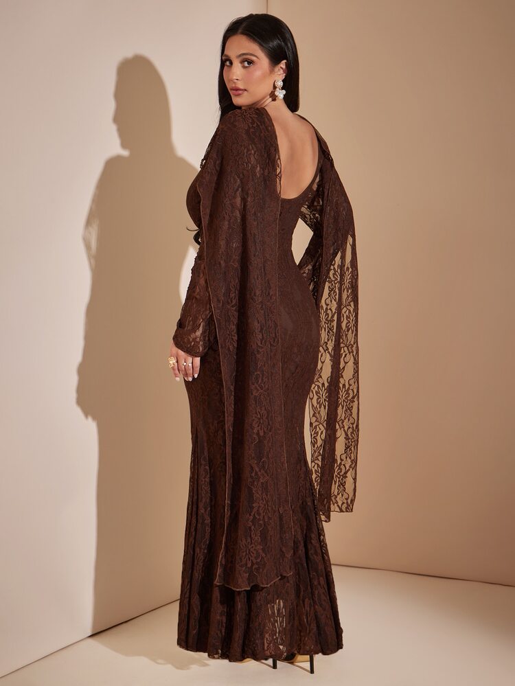 SHEIN CURVE+ Women Plus Size Dress 22W, Autumn/Winter Brown Long Dress, Ribbon Long Sleeve Dress Fall Christmas - Coffee Brown - View 2