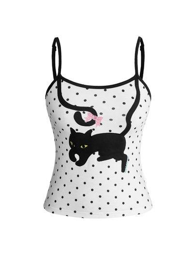 Sweetness Camiseta de tirantes sexy, linda y divertida para mujer con estampado de gato & mariposa, versátil y combinable con lunares