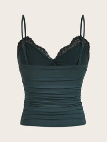 Sweetina Atasan Cami Y2k dengan Pita Depan Renda Kontras - Dark Green - View 2