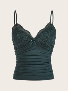 Sweetina Atasan Cami Y2k dengan Pita Depan Renda Kontras - Dark Green - View 6
