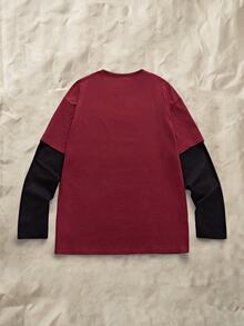 Norleigh Men's Contrast Color Printed Crew Neck Long Sleeve T-Shirt - Burgundy - View 4