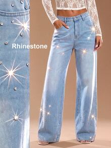 Maija Celana Jeans Denim Kasual Longgar Kaki Lebar dengan Saku dan Hiasan Rhinestone untuk Wanita - Biru - View 2