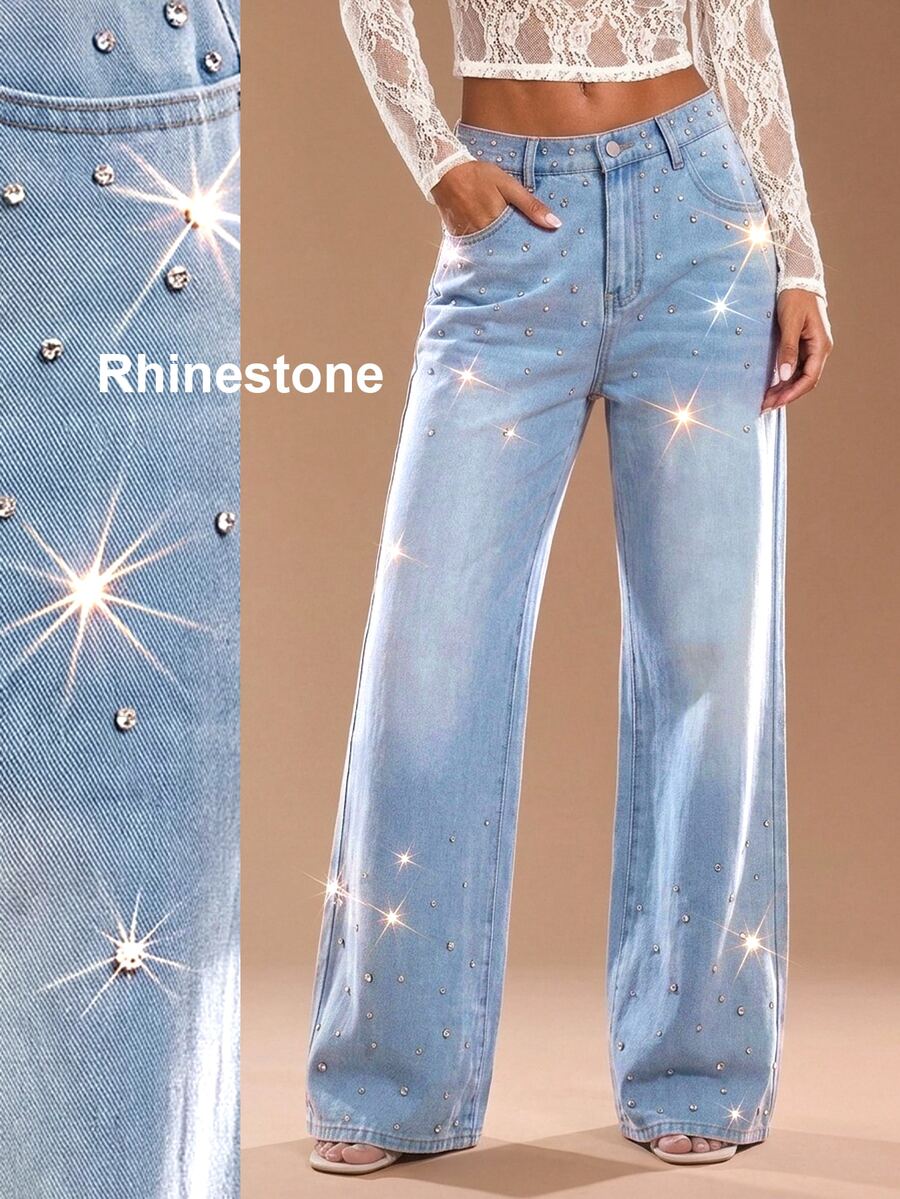 Maija Celana Jeans Denim Kasual Longgar Kaki Lebar dengan Saku dan Hiasan Rhinestone untuk Wanita