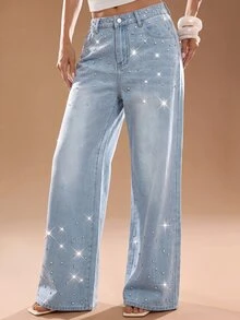 Maija Celana Jeans Denim Kasual Longgar Kaki Lebar dengan Saku dan Hiasan Rhinestone untuk Wanita - Biru - View 8