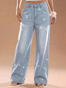 Maija Celana Jeans Denim Kasual Longgar Kaki Lebar dengan Saku dan Hiasan Rhinestone untuk Wanita - Biru - View 5