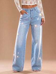 Maija Celana Jeans Denim Kasual Longgar Kaki Lebar dengan Saku dan Hiasan Rhinestone untuk Wanita - Biru - View 4