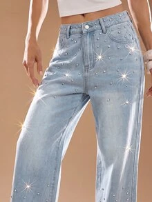 Maija Celana Jeans Denim Kasual Longgar Kaki Lebar dengan Saku dan Hiasan Rhinestone untuk Wanita - Biru - View 7