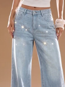 Maija Celana Jeans Denim Kasual Longgar Kaki Lebar dengan Saku dan Hiasan Rhinestone untuk Wanita - Biru - View 9