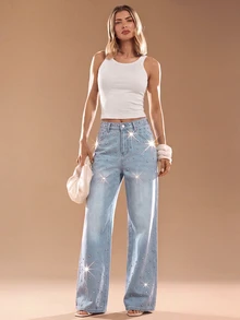 Maija Celana Jeans Denim Kasual Longgar Kaki Lebar dengan Saku dan Hiasan Rhinestone untuk Wanita - Biru - View 6